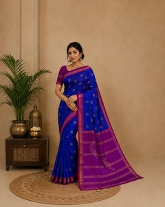 Sari en soie pure bleu royal avec bordure contrastée violette, motif paon, tissé à la main, vêtement traditionnel indien pour les fêtes et les mariages - Product Image 1