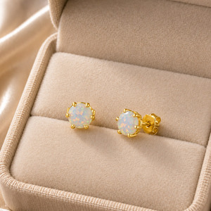 925 Sterling Silver Jewelry Natural Stone Gold Plated 925 Silver Opal Stud Earrings - Product Image 3