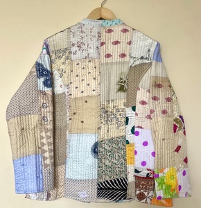 Reversible Kantha Quilted Kimono Jacket Handstitched Patchwork Wool <b>Coat</b> Vintage Puff Sleeve Womens Winter Style Christmas Gift - Product Image 3