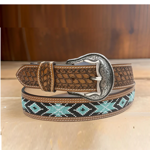 Ceinture authentique en cuir de vachette western floral, travaillée à la main, avec des perles en cuir véritable, fabriquée en Inde - Product Image 1