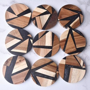 Wholesale Handmade Acacia Wood <b>Resin</b> Coaster Set Geometric Black <b>Epoxy</b> Inlay Round Coasters 9cm Diameter From REHMAN CRAFT - Product Image 4