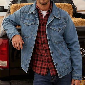Mens Flannel <b>Lined</b> Denim Jacket Snap Cowboy Cut Western Classic Slim Fit Vintage Heavy Duty Jacket Trucker <b>Coat</b> Streetwear - Product Image 2