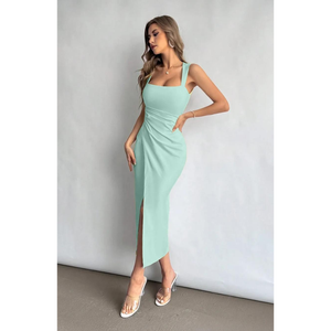 Mint Sage <b>Square</b> Neck Ruched Midi Dress Modern Minimalist Quiet Luxury Bodycon Sheath - Product Image 3