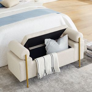 Elegante Panca Contenitore in Lino Beige con Gambe in Ferro e Braccioli Cilindrici Imbottiti per Ingresso, Soggiorno, Camera da Letto - Product Image 4