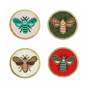 Handmade Glass Beads Tea Coaster Set of 4 Bee Design <b>Coffee</b> Mug Tea Cup Drink Glass Dining Home & Office <b>Table</b> Decor Coaster - Product Image 3
