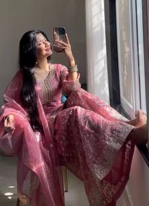 Ensemble Kurta Palazzo en Soie Brodé GMY Premium avec Sequins de 3mm, Dori Codé et Dupatta Brodé à la Main avec Moti pour Femme - Product Image 1