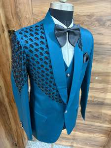 Traje de esmoquin bordado de diseño en azul verdoso para hombre – Blazer con cuentas para boda y graduación con chaleco y pantalones - Product Image 2