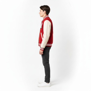 แจ็คเก็ตวาร์ซิตี้สีแดงร็อคสตาร์ระดับพรีเมียม - ผ้าขนสัตว์และหนังคุณภาพสูง สตรีทแวร์ MOQ ต่ำ - Product Image 2