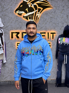 เสื้อฮู้ดซิปสีน้ำเงินสำหรับผู้ชาย ทรงโอเวอร์ไซส์ สไตล์สตรีทแวร์ พิมพ์ลาย DTG แขนยาวทรงปกติ ผ้าเฟรนช์เทอร์รี่ถัก เหมาะสำหรับฤดูใบไม้ร่วง - Product Image 1