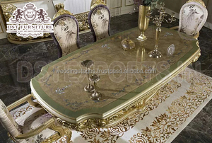 Juego de Mesa de Comedor Clásico de Madera de Teca Dorada y Plateada, Moderno y Duradero, Muebles Exclusivos de Lujo Tallados a Mano - Product Image 3