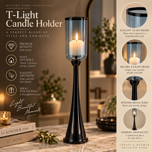 Smoked Glass Hurricane <b>Candle</b> <b>Holder</b> with Tall <b>Black</b> Metal Base for Table Display | Contemporary <b>Candle</b> Stand for Home Dining De - Product Image 5