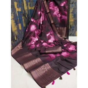 FANCY ART SEDA IMPRESO JACQUARD BOREDR SAREE CON BLUSA SIN COSTAR NEGRO - Product Image 1