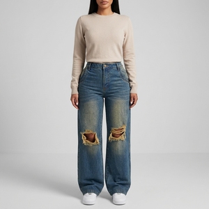 <b>Y2K</b> Style Women's Retro Heavy-duty Washed Wide-leg Denim Long <b>Pants</b> With Knee Rips - Product Image 1