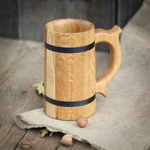 Wooden <b>Beer</b> Mug Handmade Oak Mug with Black Bands Classic Vintage Style Reusable Handle for <b>Beer</b> Drinking - Product Image 1
