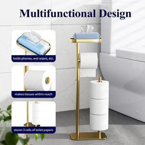 Porte-papier toilette en métal antirouille sur pied pour 4 rouleaux avec base antidérapante et étagère pour téléphone - Product Image 2