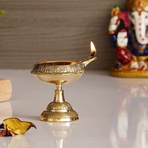 Designer Brass Diya Lamp Set with Unique Back Structure, Multi Wick Oil Lamp for <b>Home</b> <b>Temple</b>, Puja Rituals and Decoration - Product Image 6