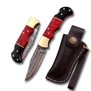 Wholesale Handmade Copper Damascus Folding <b>Knife</b> Red Resin and Wood Handle Brass Bolster <b>EDC</b> <b>Knife</b> Leather Sheath Manufacturer - Product Image 1