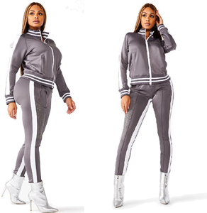 Trajes de entrenamiento de gimnasio para mujer, con cremallera frontal, cuello acanalado y puño, pista a rayas laterales, para trotar, ajustados, con cremallera, para el sudor - Product Image 4