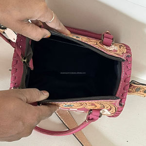 Western Style Floral <b>Tooled</b> Pink & White Checkered <b>Leather</b> Mini Speedy Bag Genuine Cow <b>Leather</b> Card Design Duffle Bag for Women - Product Image 6