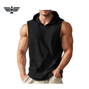 <b>Men's</b> Black <b>Sleeveless</b> Zip-Up <b>Hoodie</b> with Pockets Sporty Solid Gym Tank Top-100% Cotton Eco-Friendly Winter Casual Wear - Product Image 1