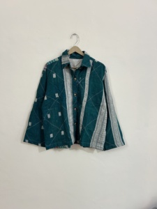 Blazer de algodón con estampado geométrico color verde azulado, cuello con botones, manga larga, chaqueta de primavera para mujer, diseño tejido y transpirable. - Product Image 1