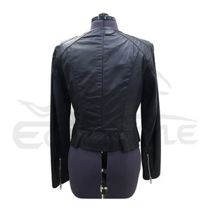 Leather Lambskin <b>Jacket</b> Solid Black Womens Collarless Moto <b>Jacket</b> <b>with</b> Front <b>Zipper</b> Side <b>Pockets</b> Custom OEM Winter Wear - Product Image 5