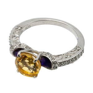 Elegant Vintage 925 <b>Silver</b> Rhodium Plated Amethyst <b>Statement</b> <b>Ring</b> with Blue Side Detail CZ Pave Band Bezel Setting - Product Image 2