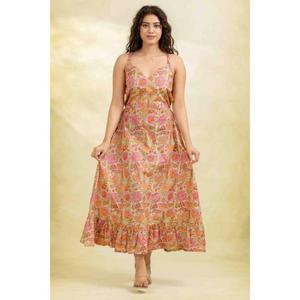เดรสยาวผ้าฝ้ายพิมพ์ลายบล็อกสำหรับผู้หญิง, เดรสแม็กซี่ทำมือสไตล์โบฮีเมียน, ชุดใส่เที่ยวพักผ่อนฤดูร้อนน้ำหนักเบา - Product Image 1