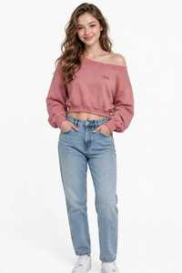 Sudadera corta de hombros caídos para mujer, rosa empolvado, con cuello asimétrico, manga larga, estilo casual, lavado, para invierno, top corto frontal - Product Image 1