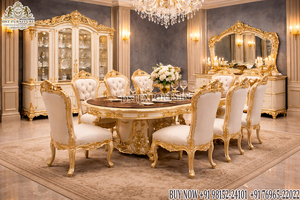 Exquisite Lion Face Carved Teak Wood <b>Dining</b> <b>Set</b> Bespoke Victorian White and Gold Finish Eight Seater <b>Dining</b> Room Furniture Sale - Product Image 6