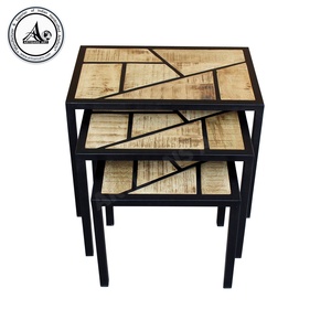 Ensemble de tables gigognes en bois de manguier géométriques modernes, 3 pièces, cadre en métal industriel, tables d'appoint, gain de place, meubles rustiques pour salon - Product Image 4