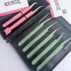 Ensemble de pinces professionnelles pour extensions de cils, en acier inoxydable rose, antistatiques, pinces de précision pour cils, droites, courbées, 45 degrés - Product Image 2