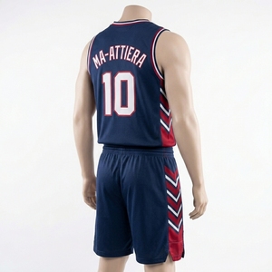 Ensemble de shorts de basket-ball personnalisés bleu marine avec bordure rouge et blanche, uniforme d'équipe, fabricant de vêtements de sport en gros - Product Image 3