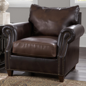 Classic Style Genuine Leather Arm <b>Chair</b> Upholstered <b>Single</b> <b>Sofa</b> Rolled Arms Nailhead Trim Durable Living Room Furniture Seating - Product Image 1