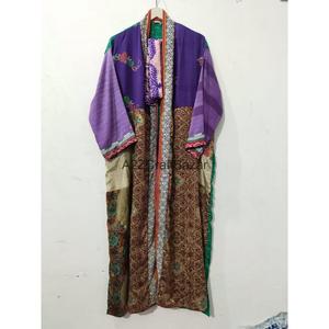 Handmade Luxury Silk Patchwork V-neck Drawstring Closure Full Length Soft Breathable Quick Dry Gown Lounge Wear Kimono Women - Product Image 3