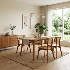 Ensemble de salle à manger Aura en teck massif, style Mid-Century Modern, prêt pour la restauration, avec chaises à dossier à lattes et coussins en rotin, non pliables - Product Image 4