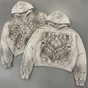 Unisex Cropped Hooded Zipper Sweatshirt Printed Tree Pattern Oversized Fit Casual Style Autumn Wear 100 Cotton Knitted Fabric - Product Image 2