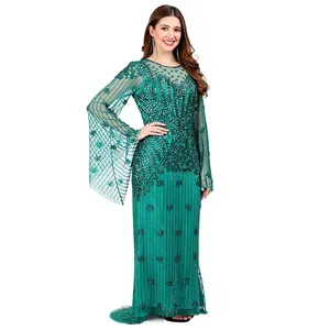 Robe de soirée de luxe vert émeraude perlée, élégante, à manches longues cloche, col illusion transparent, sequins verticaux, pour bal et soirée formelle - Product Image 3