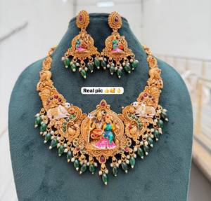 Gold Plated Bridal <b>Set</b> Choker <b>Necklace</b> Drop Earrings Tikka Ethnic Kundan <b>Pearl</b> Moissanite Trendy Wedding Engagement Anniversary - Product Image 4