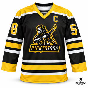 Ensembles de maillots de hockey sur glace Ricktators unisexes, col en V, imprimés par transfert thermique, rayés, évacuant l'humidité, 100% polyester, sans manches, pour adultes - Product Image 5