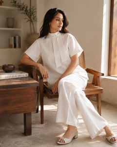 Ensemble coordonné bohème pour femmes en coton et lin blanc, toutes saisons, haut à col rond à manches trois quarts, pantalon large, coupe régulière, deux pièces - Product Image 4