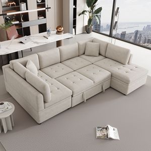 Divano Letto Sezionale a U Oversize Beige da 300 cm con Due Cuscini Decorativi e Sezione Estraibile per Soggiorno - Product Image 5