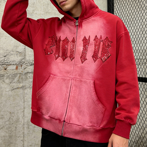 Sweat-shirts à capuche vintage en molleton français polyester/coton, respirants, personnalisés, de qualité supérieure, effet délavé soleil et délavé à l'acide, avec strass, pour streetwear hivernal - Product Image 1