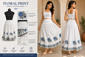 Handblock Print White Cotton <b>Skirt</b> Smocked <b>Elastic</b> Waist Midi <b>Skirt</b> Indian Traditional Floral Butta Ruffled Bottom Frill <b>Skirt</b> w - Product Image 5