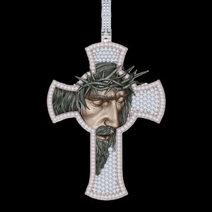 Colgante de plata S925 chapado en oro con diamante certificado IGI, rostro de Jesús, corona de espinas, cruz religiosa, dije con diamante VVS, joyería. - Product Image 1