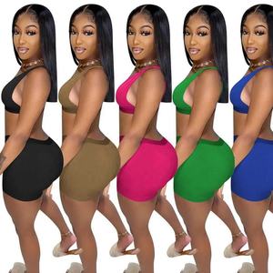 Femmes décontracté été solide deux pièces tenue ensemble Sexy haut court et short séchage rapide Spandex/coton pour porter en gros - Product Image 2