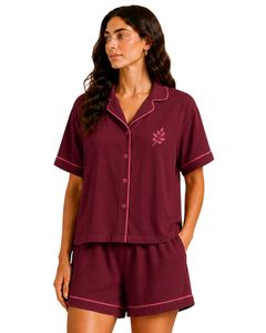 Customized Wine <b>Red</b> Women Pajama Set Short Sleeve Button Down Nightwear Soft Breathable Summer Sleepwear Casual Lounge Set - Product Image 1