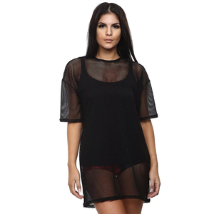 Vestido Camiseta de Malla Oversize para Mujer, Manga Corta, Cuello Redondo, Ajuste Holgado, Color Liso, Transpirable, para Primavera y Verano - Product Image 3
