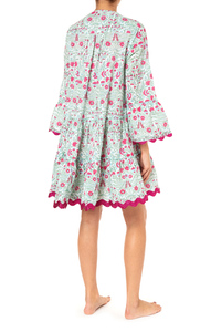 Vestido Bohemio para Mujer, Mangas Anchas, para Toda Ocasión, Estampado Floral en Tonos Aqua y Fucsia, Túnica de Verano con Dobladillo Metálico Rik Rak, Estilo Femenino - Product Image 5