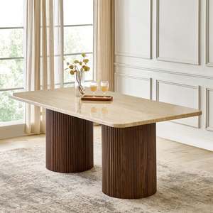 Modern Wooden Rectangle Dining Table Antique Legs Minimalist Design Stable <b>Marble</b> <b>Top</b> 6 Seater Madera Finekraft DTB034 - Product Image 2